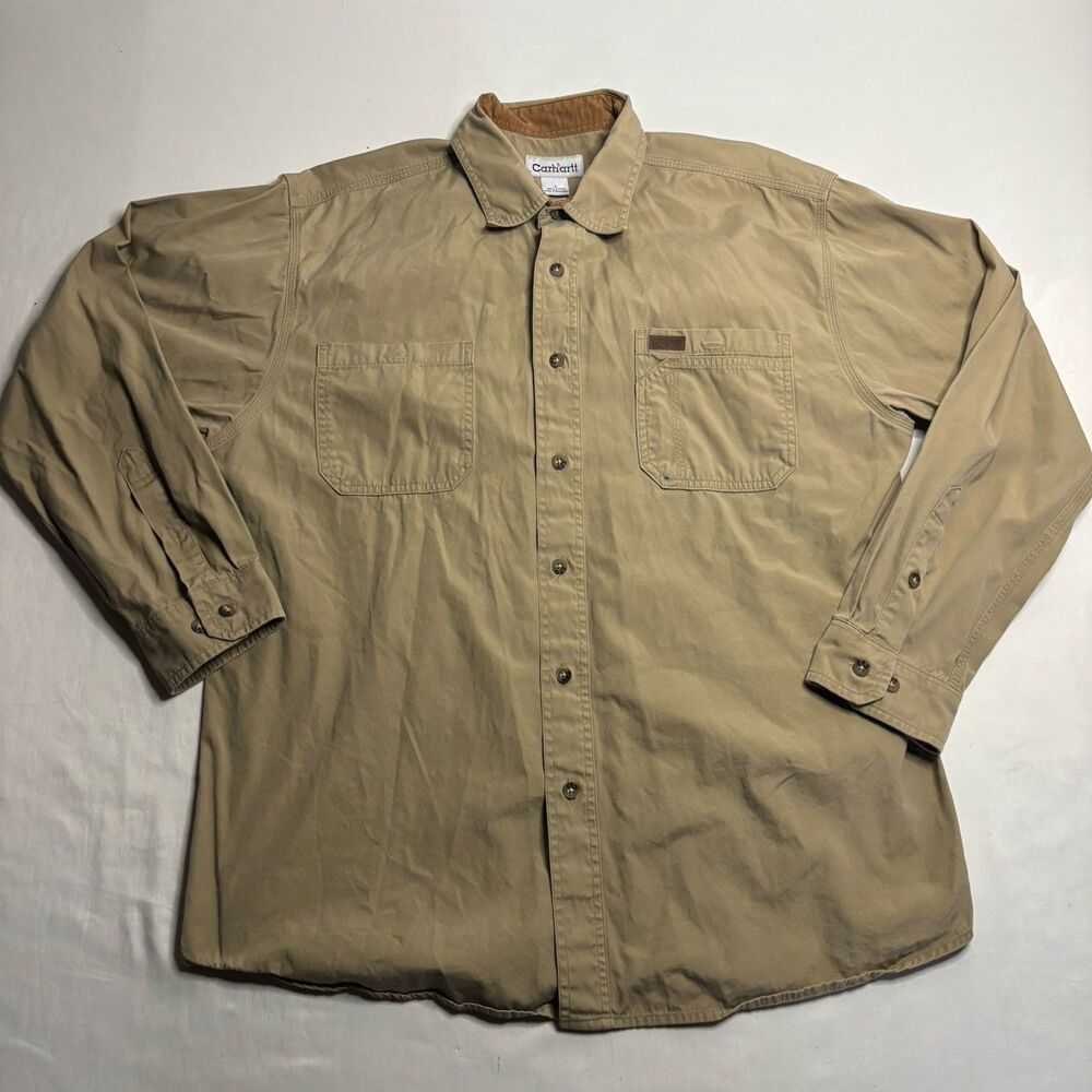 Carhartt Tan Khaki Long Sleeve Button Down Work Shirt Size Large 100% Cotton